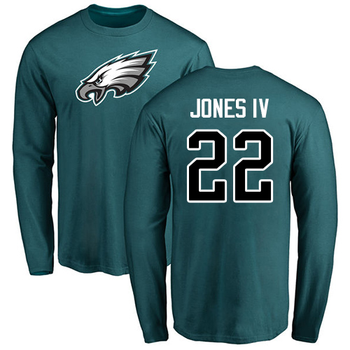 Men Philadelphia Eagles #22 Sidney Jones Green Name and Number Logo Long Sleeve NFL T Shirt->philadelphia eagles->NFL Jersey